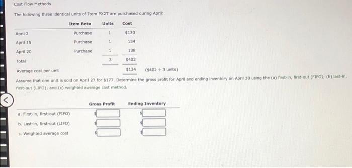 Cost Flow Methods The Following Three Identical Units Of Item Pxzt Are Purchased During April Cost April 2 April 15 Apr 1