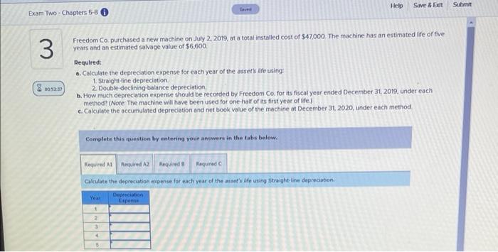 Exam Two Chapters 5 8 Seved 3 Freedom Co Purchased A New Machine On July 2 2019 At A Total Installed Cost Of 47 000 2
