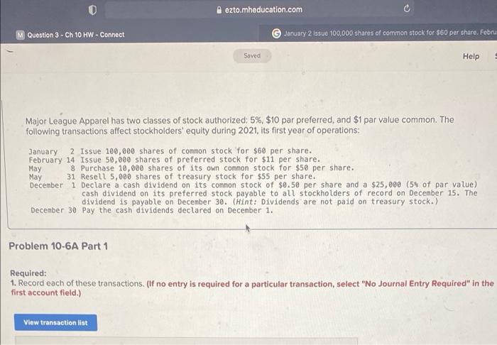 Question 3 Ch 10 Hw Connect Ezto Mheducation Com Problem 10 6a Part 1 Saved Major League Apparel Has Two Classes Of St 1