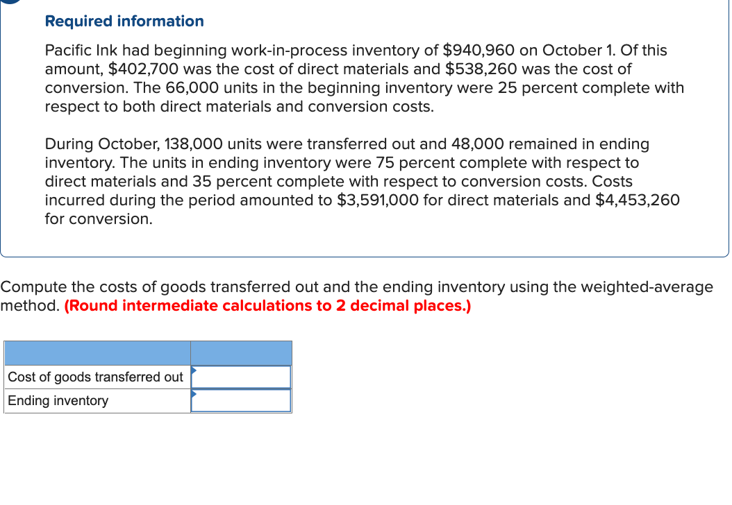 Required Information Pacific Ink Had Beginning Work In Process Inventory Of 940 960 On October 1 Of This Amount 402 1