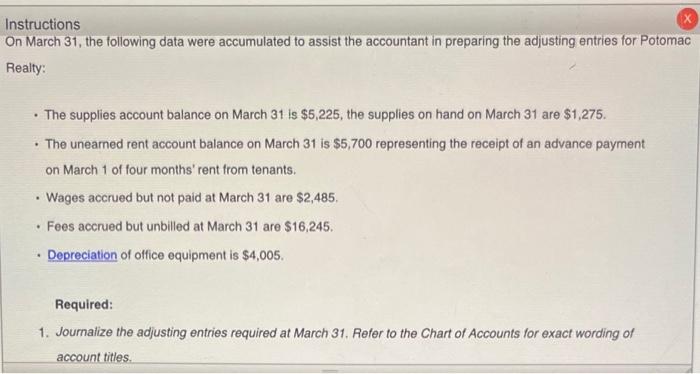 Instructions On March 31 The Following Data Were Accumulated To Assist The Accountant In Preparing The Adjusting Entrie 1