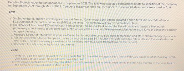 Camden Biotechnology Began Operations In September 2021 The Following Selected Transactions Relate To Liabilities Of Th 1