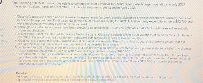 Ipt Entes The Following Selected Transactions Relate To Contingencies Of Classical Tool Makers Inc Which Began Operati 1