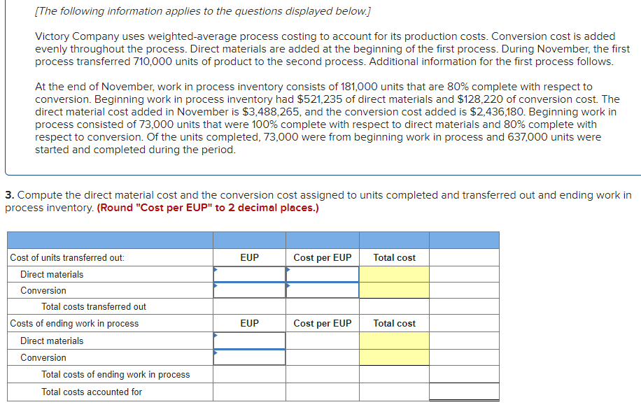 The Following Information Applies To The Questions Displayed Below Victory Company Uses Weighted Average Process Cost 1