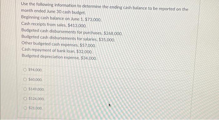 Use The Following Information To Determine The Ending Cash Balance To Be Reported On The Month Ended June 30 Cash Budget 1
