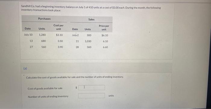 Sandhill Co Had A Beginning Inventory Balance On July 1 Of 410 Units At A Cost Of 3 00 Each During The Month The Fol 1