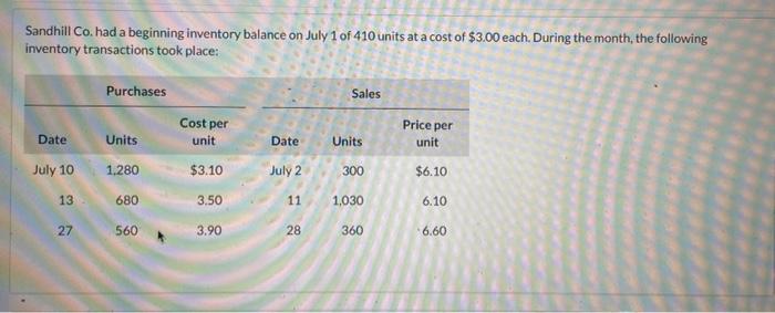Sandhill Co Had A Beginning Inventory Balance On July 1 Of 410 Units At A Cost Of 3 00 Each During The Month The Fol 1
