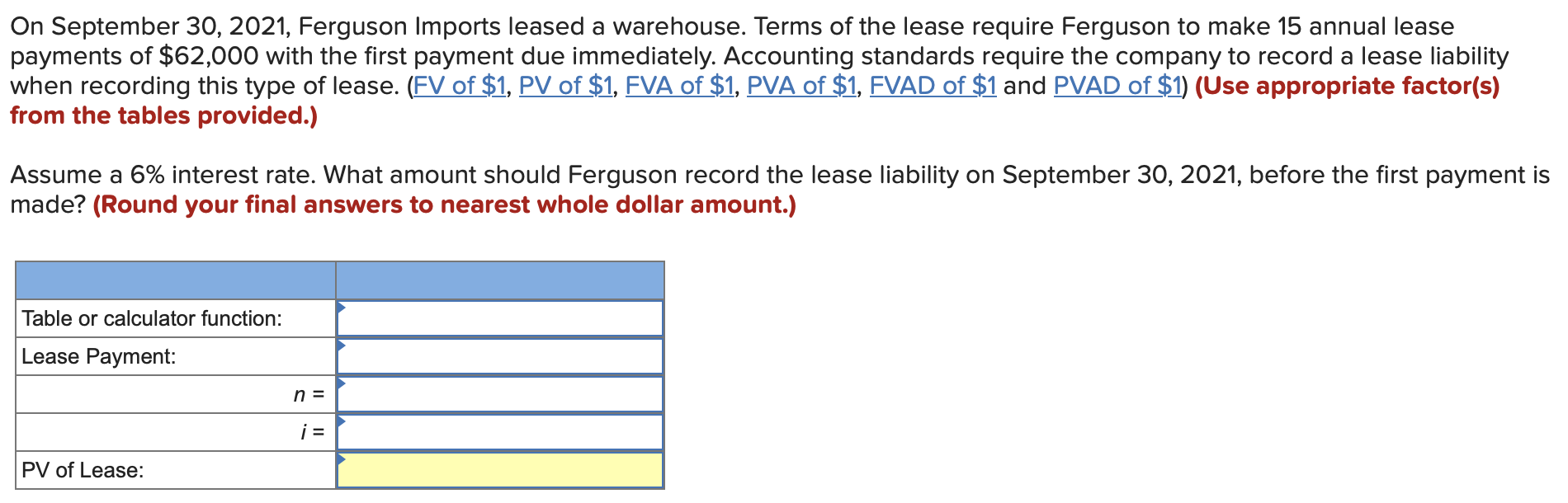 On September 30 2021 Ferguson Imports Leased A Warehouse Terms Of The Lease Require Ferguson To Make 15 Annual Lease 1