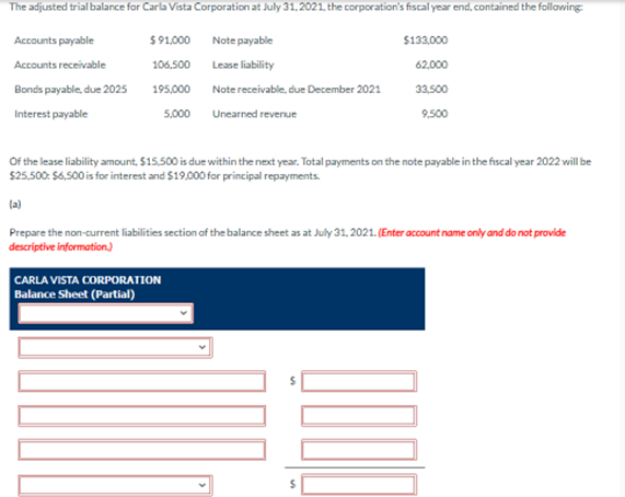 The Adjusted Trial Balance For Carla Vista Corporation At July 31 2021 The Corporation S Fiscal Year End Contained Th 1