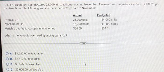 Russo Corporation Manufactured 21 000 Air Conditioners During November The Overhead Cost Allocation Base Is 34 25 Per 1