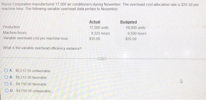 Russo Corporation Manufactured 17 000 Air Conditioners During November The Overhead Cost Allocation Rate Is 35 50 Per 1