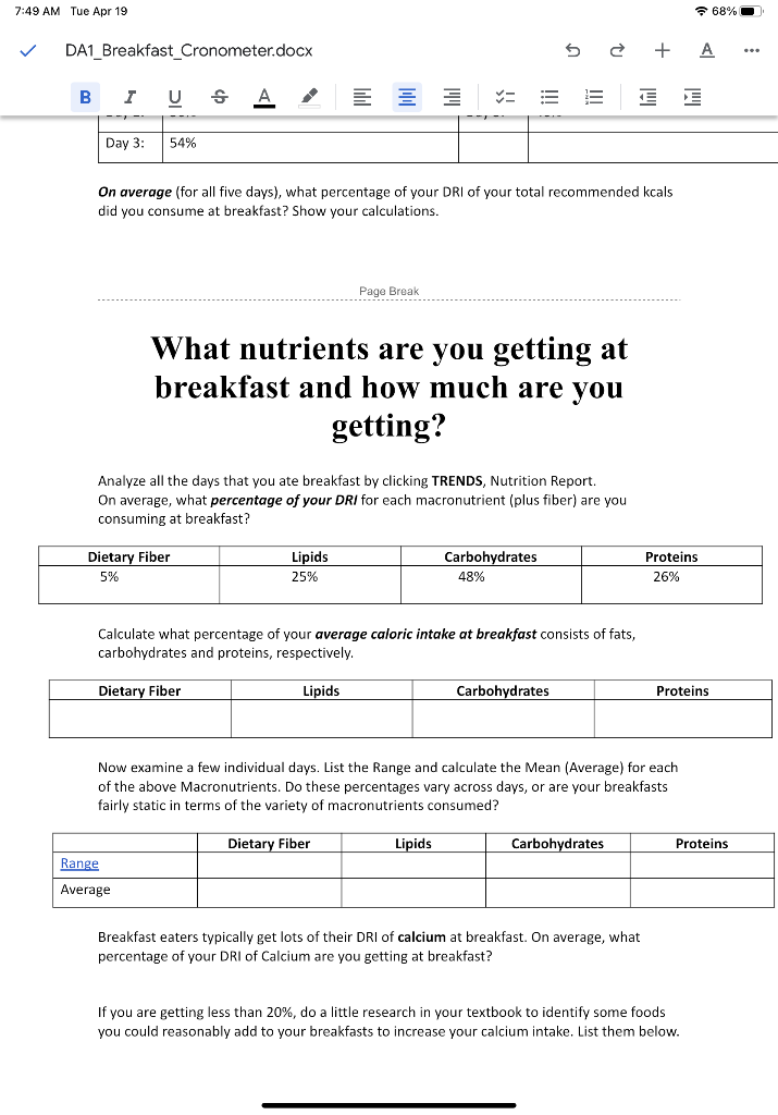 7 49 Am Tue Apr 19 68 Da1 Breakfast Cronometer Docx U A B I U S Iii Day 3 54 On Average For All Five Days What 1