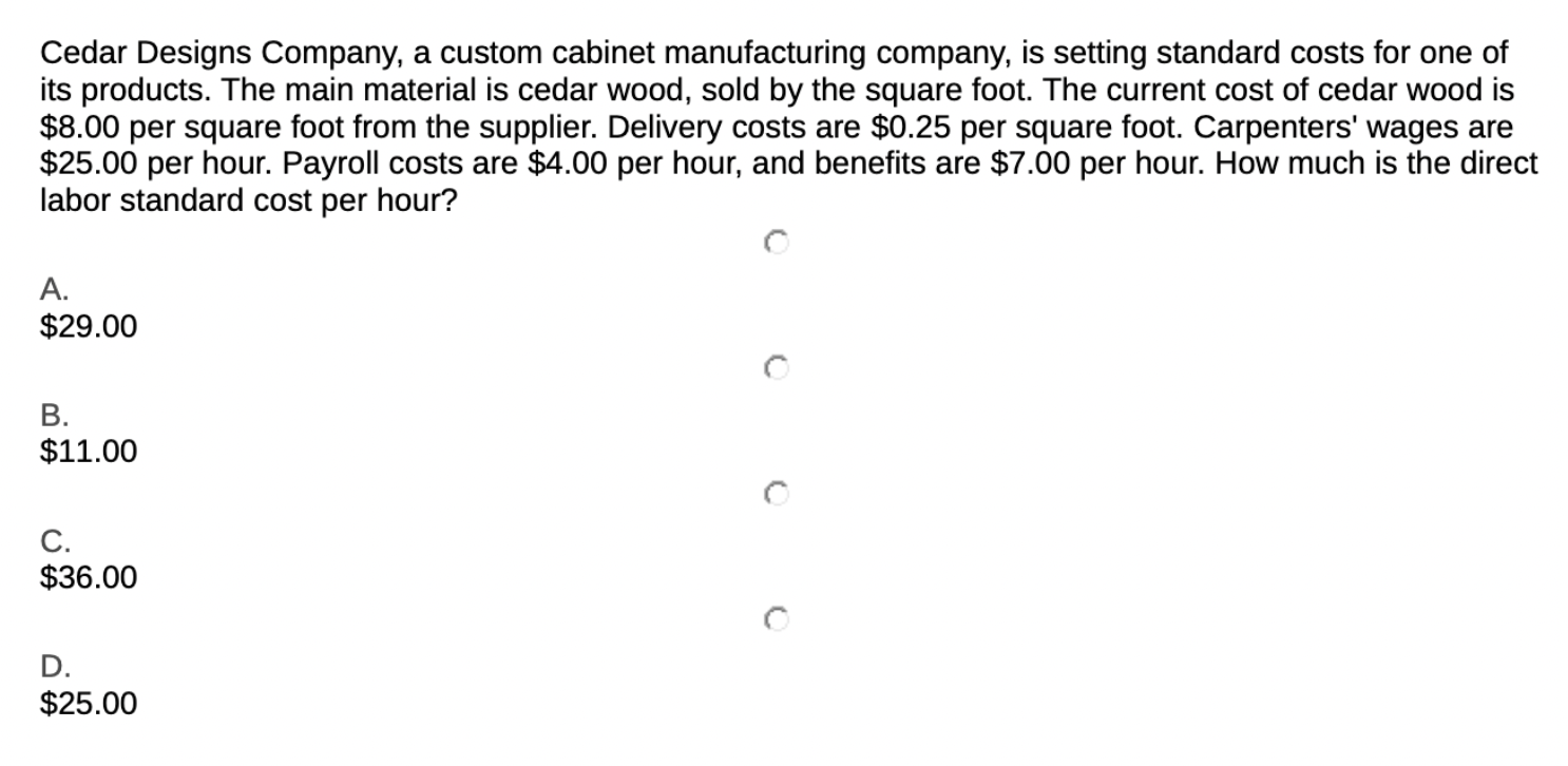 Cedar Designs Company A Custom Cabinet Manufacturing Company Is Setting Standard Costs For One Of Its Products The Ma 1