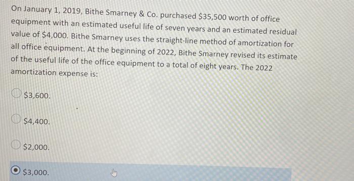 On January 1 2019 Bithe Smarney Co Purchased 35 500 Worth Of Office Equipment With An Estimated Useful Life Of Sev 2
