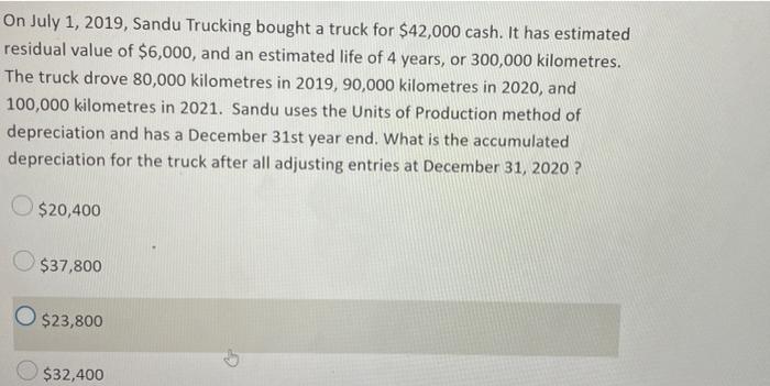 On July 1 2019 Sandu Trucking Bought A Truck For 42 000 Cash It Has Estimated Residual Value Of 6 000 And An Estim 1