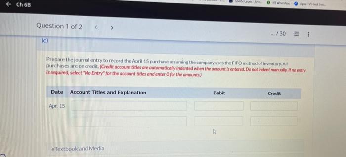 Question 1 Of 2 View Policies Current Attempt In Progress April 1 Inventory April 15 Purchase April 23 Purchase Units 2