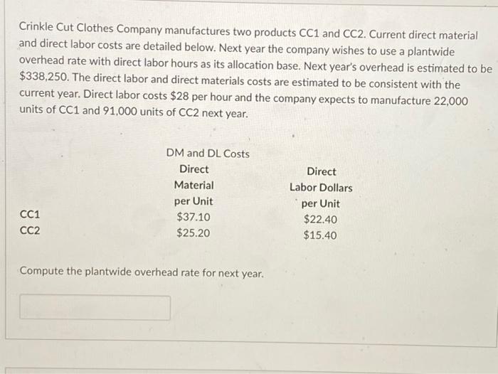 Crinkle Cut Clothes Company Manufactures Two Products Cc1 And Cc2 Current Direct Material And Direct Labor Costs Are De 1