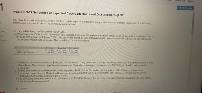 1 Book Elences Problem 9 12 Schedules Of Expected Cash Collections And Disbursements Lo2 You Have Been Asked To Prepar 1
