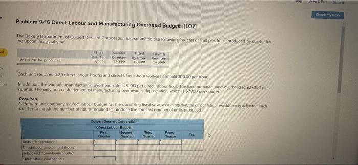 D N Problem 9 16 Direct Labour And Manufacturing Overhead Budgets Lo2 The Bakery Department Of Culbert Dessert Corpora 1