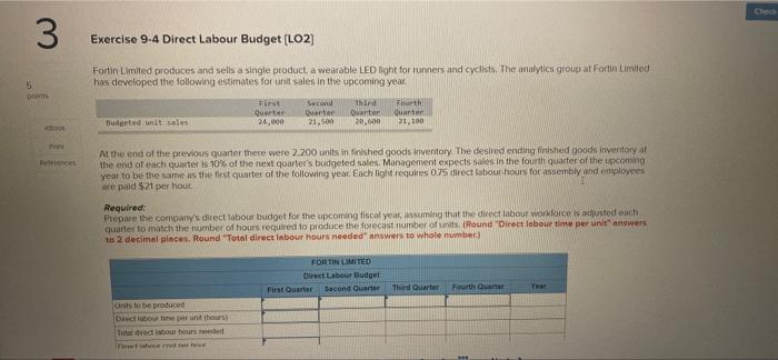 3 S Points Foc Pret References Exercise 9 4 Direct Labour Budget Lo2 Fortin Limited Produces And Sells A Single Produc 1