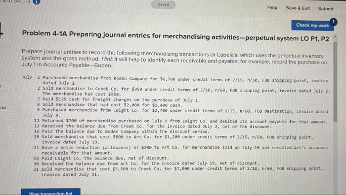 Ces Saved Help Save Exit Submit Check My Work Problem 4 1a Preparing Journal Entries For Merchandising Activities Perp 1
