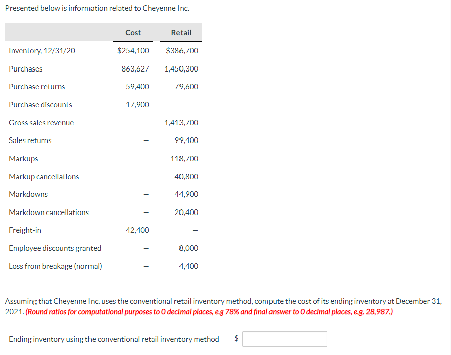 Presented Below Is Information Related To Cheyenne Inc Inventory 12 31 20 Purchases Purchase Returns Purchase Discount 1