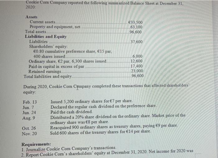 Cookie Corn Company Reported The Following Summarized Balance Sheet At December 31 2020 Assets Current Assets Propert 1