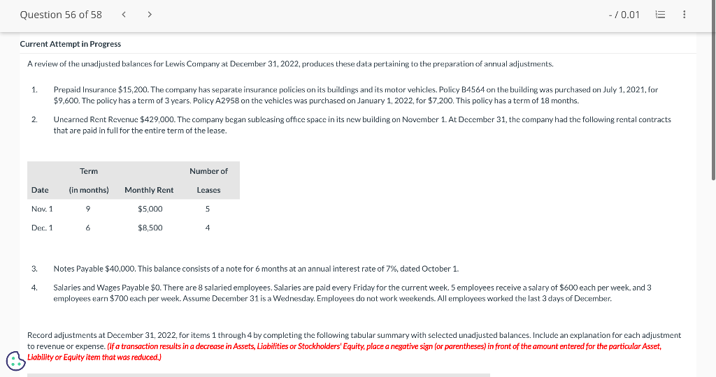 Question 56 Of 58 1 Current Attempt In Progress A Review Of The Unadjusted Balances For Lewis Company At December 31 2 1