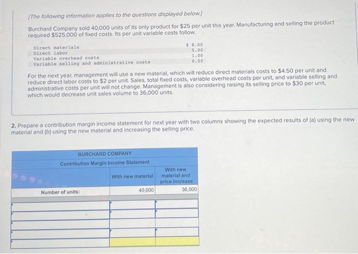 The Following Information Applies To The Questions Displayed Below Burchard Company Sold 40 000 Units Of Its Only Pro 2