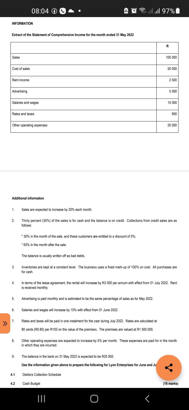 Information Extract Of The Statement Of Comprehensive Income For The Month Ended 31 May 2022 Sales Cost Of Sales Rent In 1