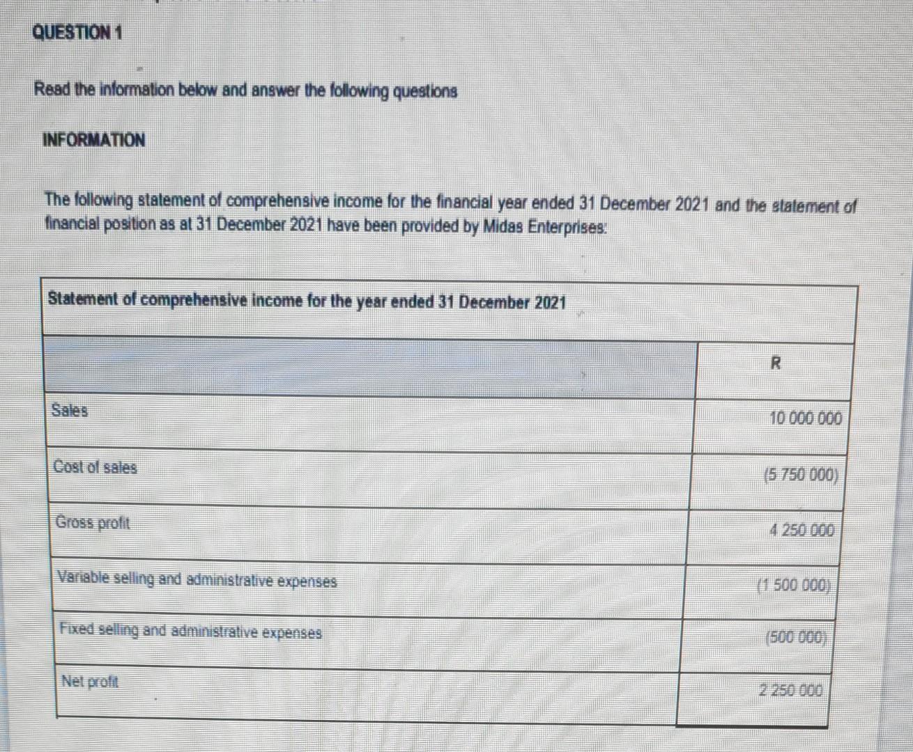 Question 1 Read The Information Below And Answer The Following Questions Information The Following Statement Of Comprehe 1