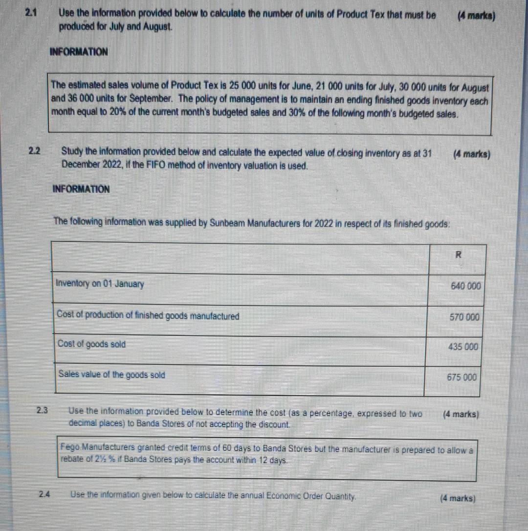 2 2 2 3 Use The Information Provided Below To Calculate The Number Of Units Of Product Tex That Must Be Produced For Jul 1