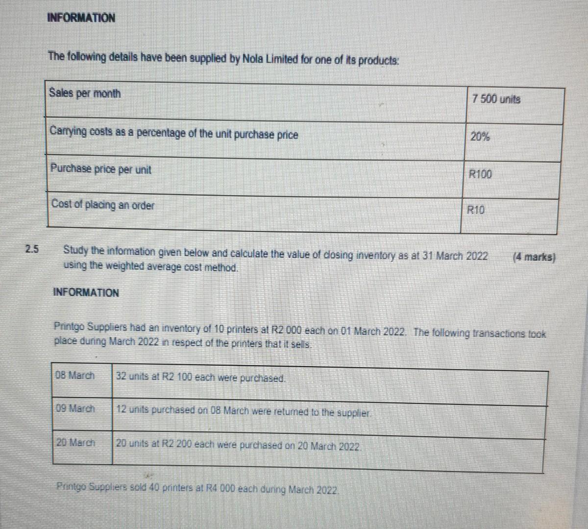 Information The Following Details Have Been Supplied By Nola Limited For One Of Its Products Sales Per Month Carrying C 2