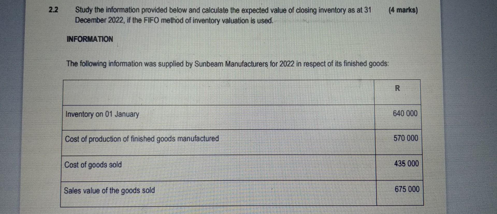 2 2 Study The Information Provided Below And Calculate The Expected Value Of Closing Inventory As At 31 December 2022 I 1