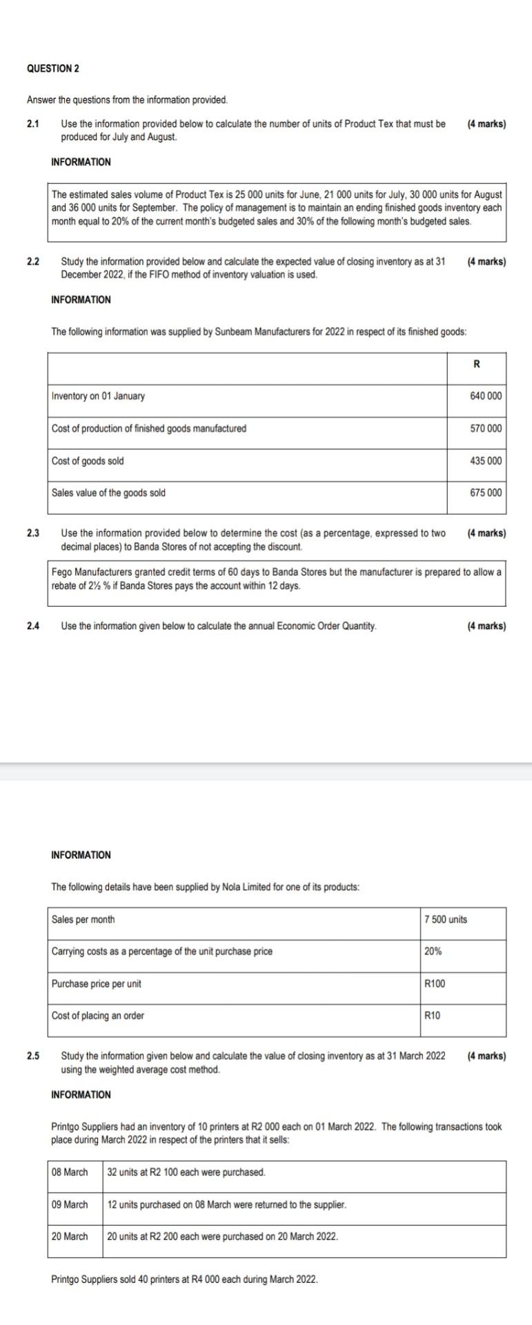 Question 2 Answer The Questions From The Information Provided 2 1 Use The Information Provided Below To Calculate The N 1