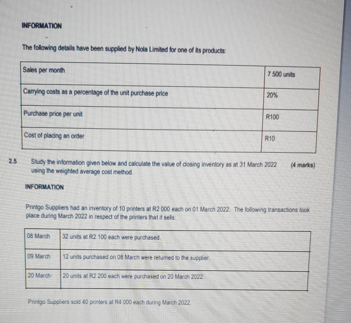 2 5 Information The The Following Details Have Been Supplied By Nola Limited For One Of Its Products Sales Per Month Ca 1