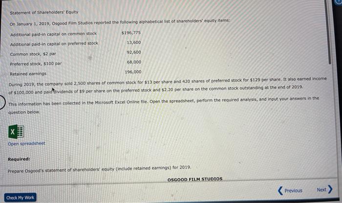 Statement Of Shareholders Equity On January 1 2019 Osgood Film Studios Reported The Following Alphabetical List Of Sh 1