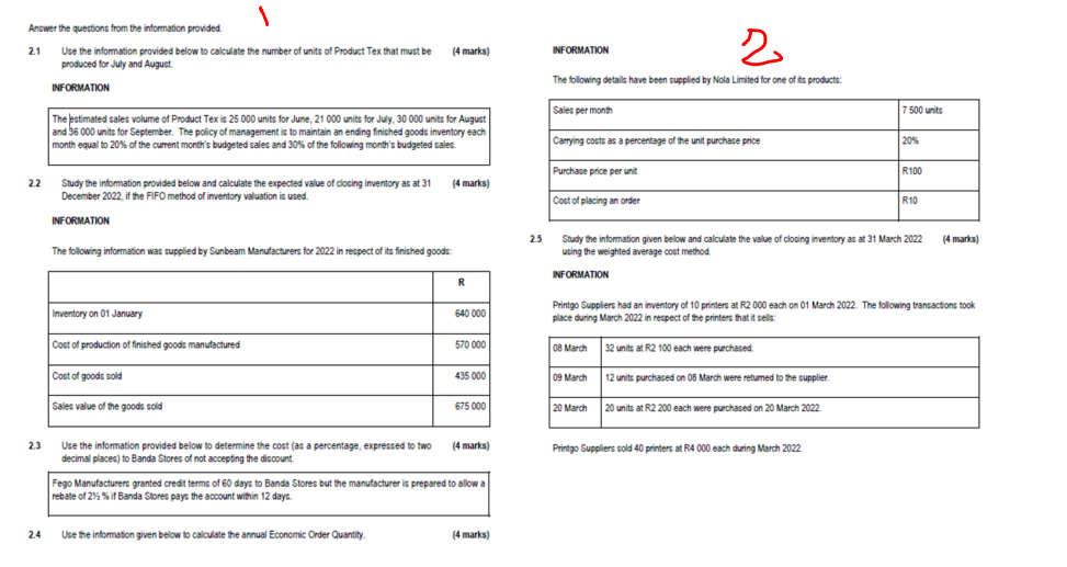1 Answer The Questions From The Information Provided 2 1 Use The Information Provided Below To Calculate The Number Of 1