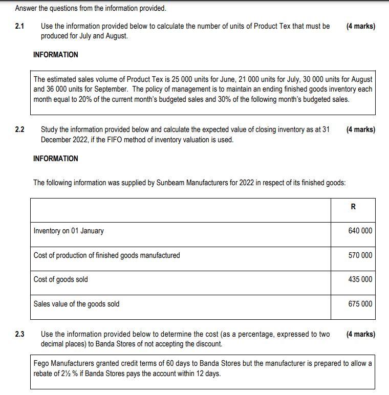 Answer The Questions From The Information Provided 2 1 Use The Information Provided Below To Calculate The Number Of Un 1