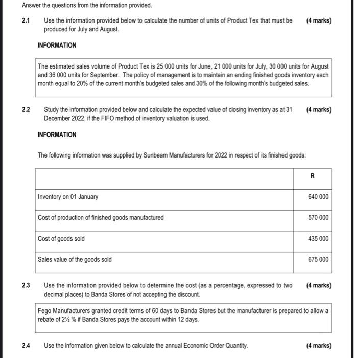 Answer The Questions From The Information Provided 2 1 Use The Information Provided Below To Calculate The Number Of Un 1