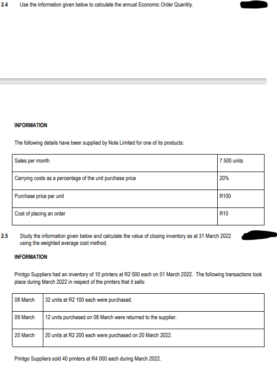 2 4 2 5 Use The Information Given Below To Calculate The Annual Economic Order Quantity Information The Following Detai 1