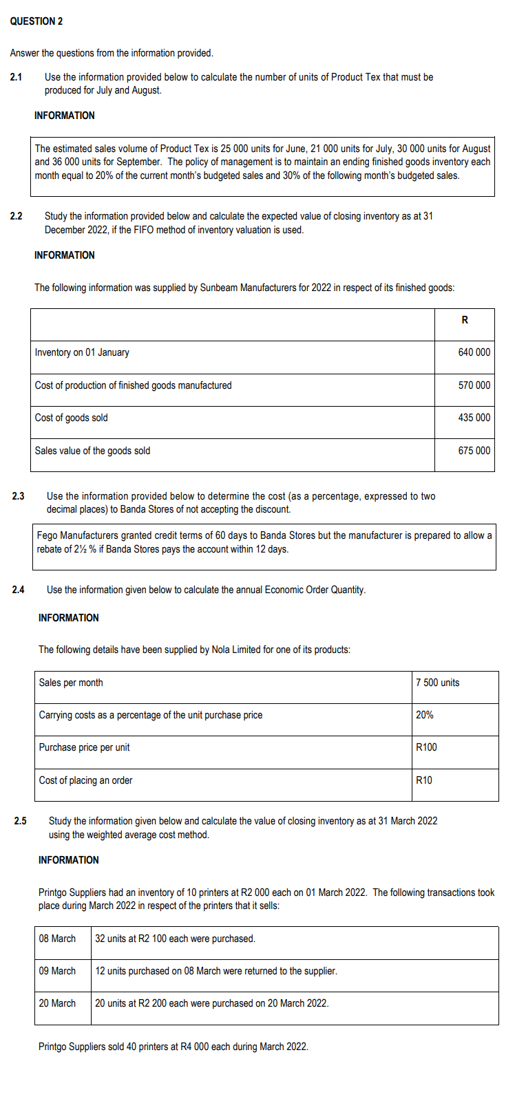 Question 2 Answer The Questions From The Information Provided Use The Information Provided Below To Calculate The Numbe 1