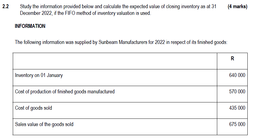 2 2 Study The Information Provided Below And Calculate The Expected Value Of Closing Inventory As At 31 December 2022 I 1