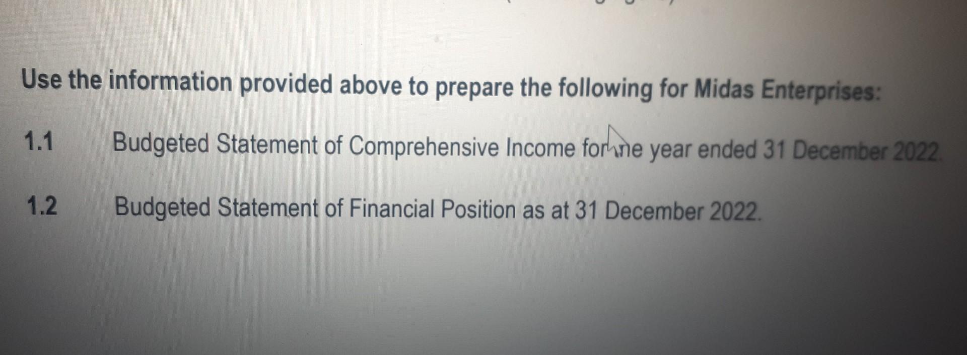 Use The Information Provided Above To Prepare The Following For Midas Enterprises Budgeted Statement Of Comprehensive I 1