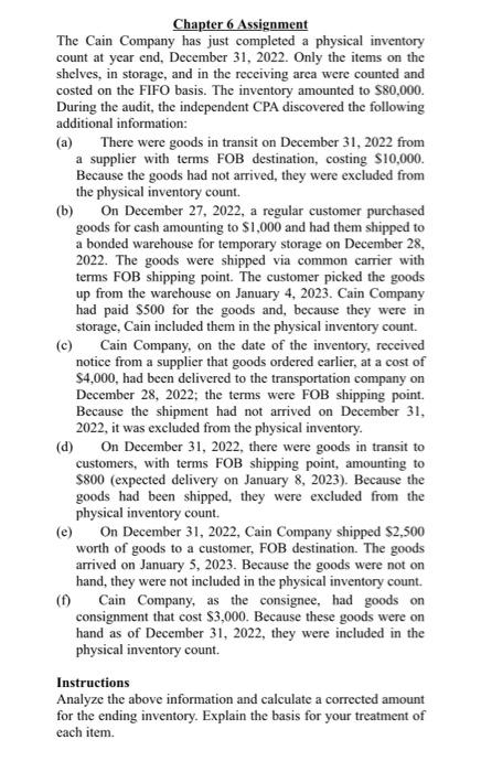 Chapter 6 Assignment The Cain Company Has Just Completed A Physical Inventory Count At Year End December 31 2022 Only 1