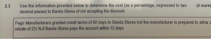 2 3 Use The Information Provided Below To Determine The Cost As A Percentage Expressed To Two Decimal Places To Banda 1