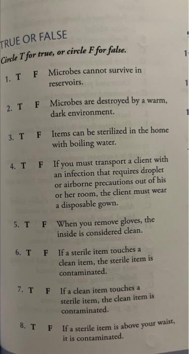 True Or False 1 Circle T For True Or Circle F For False 1 T F Microbes Cannot Survive In Reservoirs 1 2 T F Microbe 1