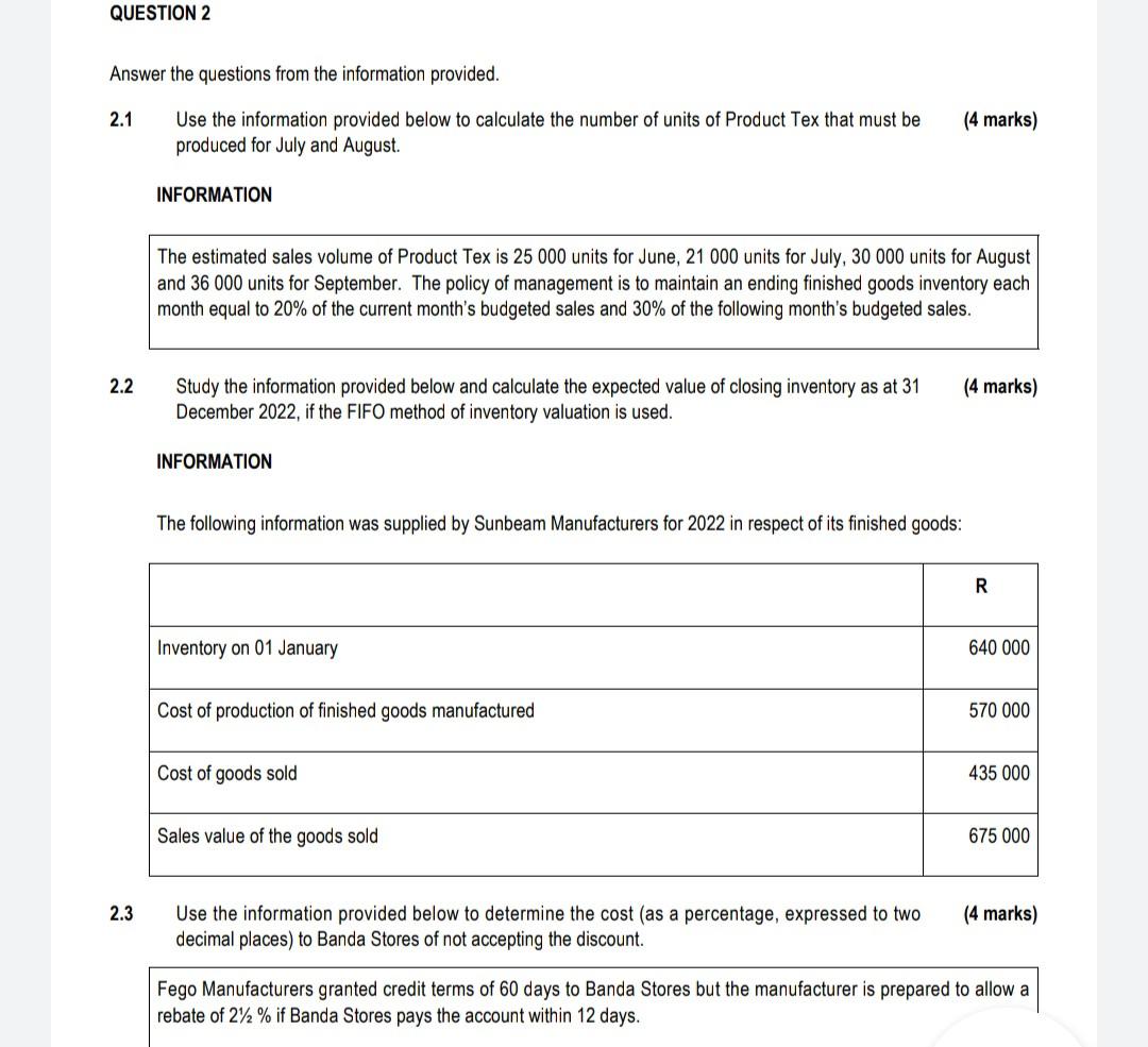 Question 2 Answer The Questions From The Information Provided Use The Information Provided Below To Calculate The Numbe 1