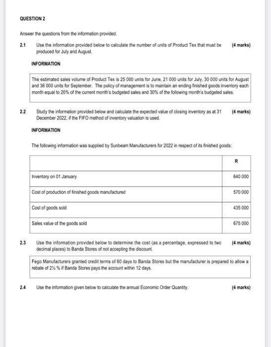 Question 2 Answer The Questions From The Information Provided 2 1 Use The Information Provided Below To Calculate The N 1
