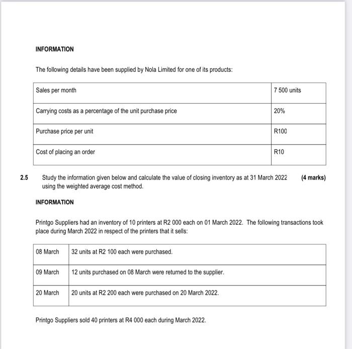 Question 2 Answer The Questions From The Information Provided 2 1 Use The Information Provided Below To Calculate The N 2